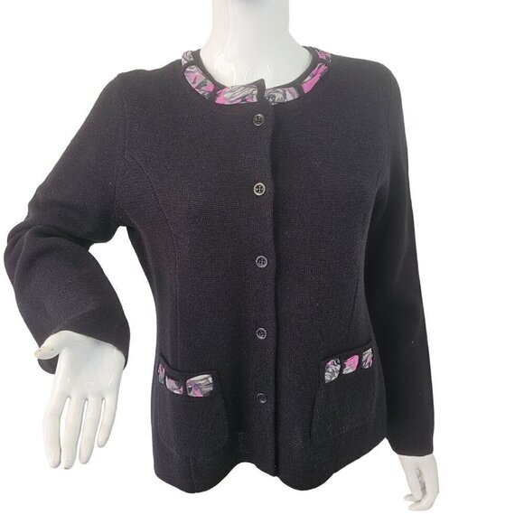 Pendleton Black Wool Knit Cardigan Womens M Pink Silk Trim Long Sleeve Vintage - Picture 5 of 10